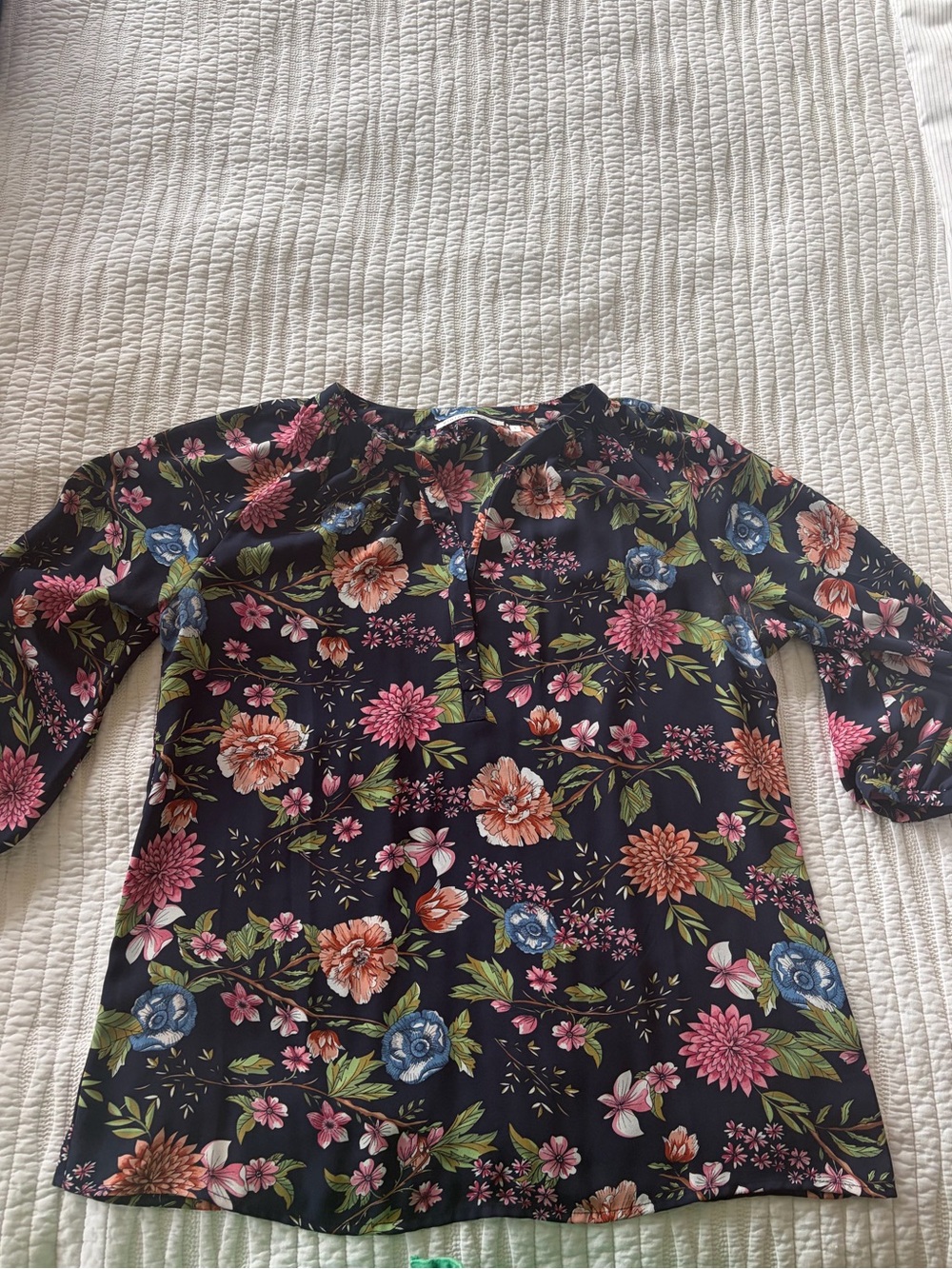 Violet & Claire Navy Floral Blouse with Pink, Blue and Green Blooms